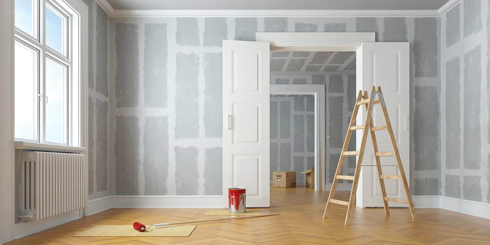 Renovation and modernization with drywall plaster in a walk-through room (3D Rendering)